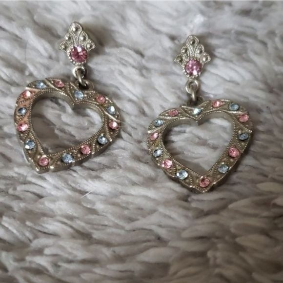 🩵🩷 Vintage Ornate Heart Gemstone Earrings Pink Blue Silver - Picture 3 of 4